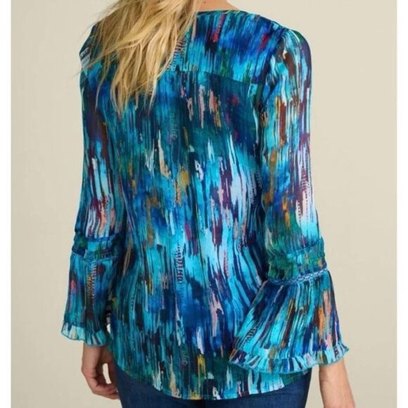 Soft Surroundings Amelie Top Long Bell Sleeves Sheer Blue Abstract Women Medium - Picture 8 of 8